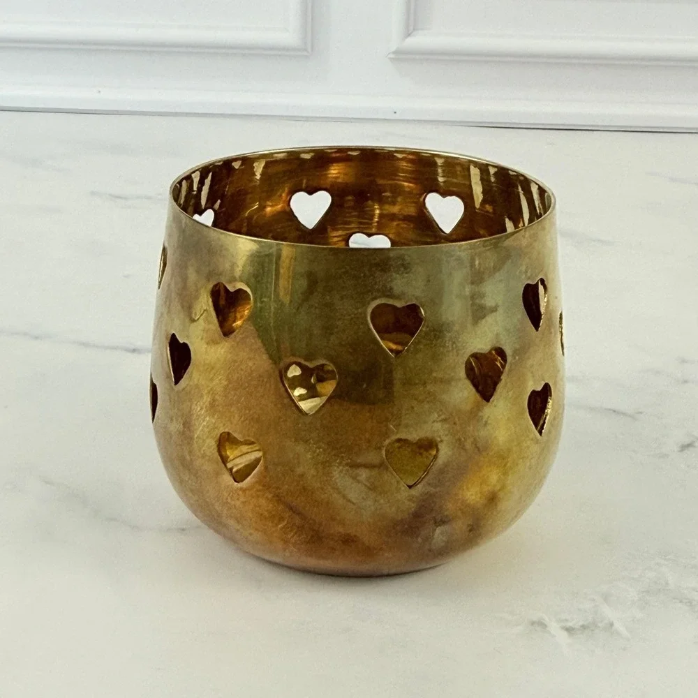 VTG Hosley Solid Brass Heart Cutout Votive Candle Holder Tea Light 2 1/2